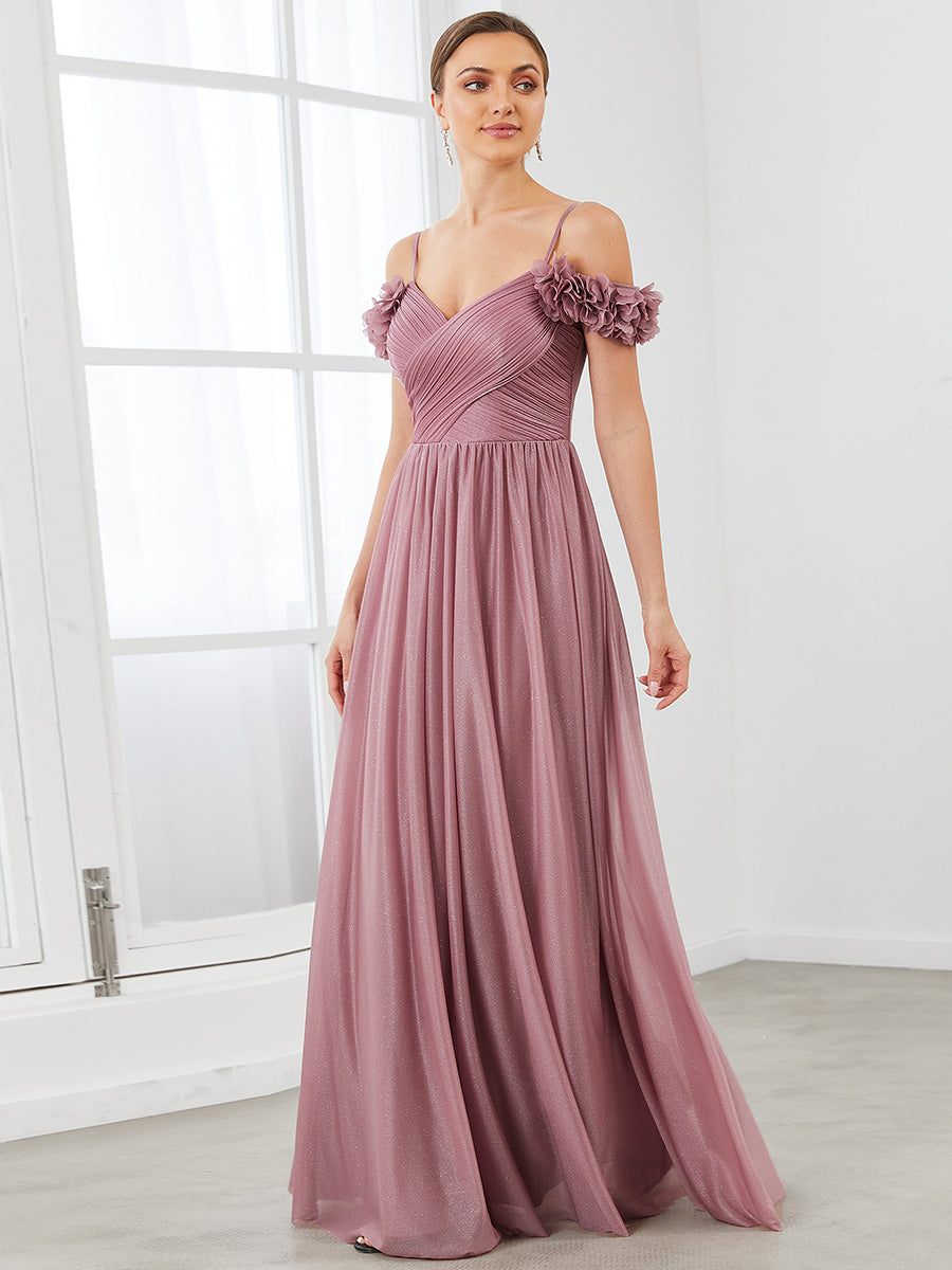 Color=Orchid | Off Shoulders A Line Spaghetti Strap Sparkly Wholesale Evening Dresses-Orchid 1