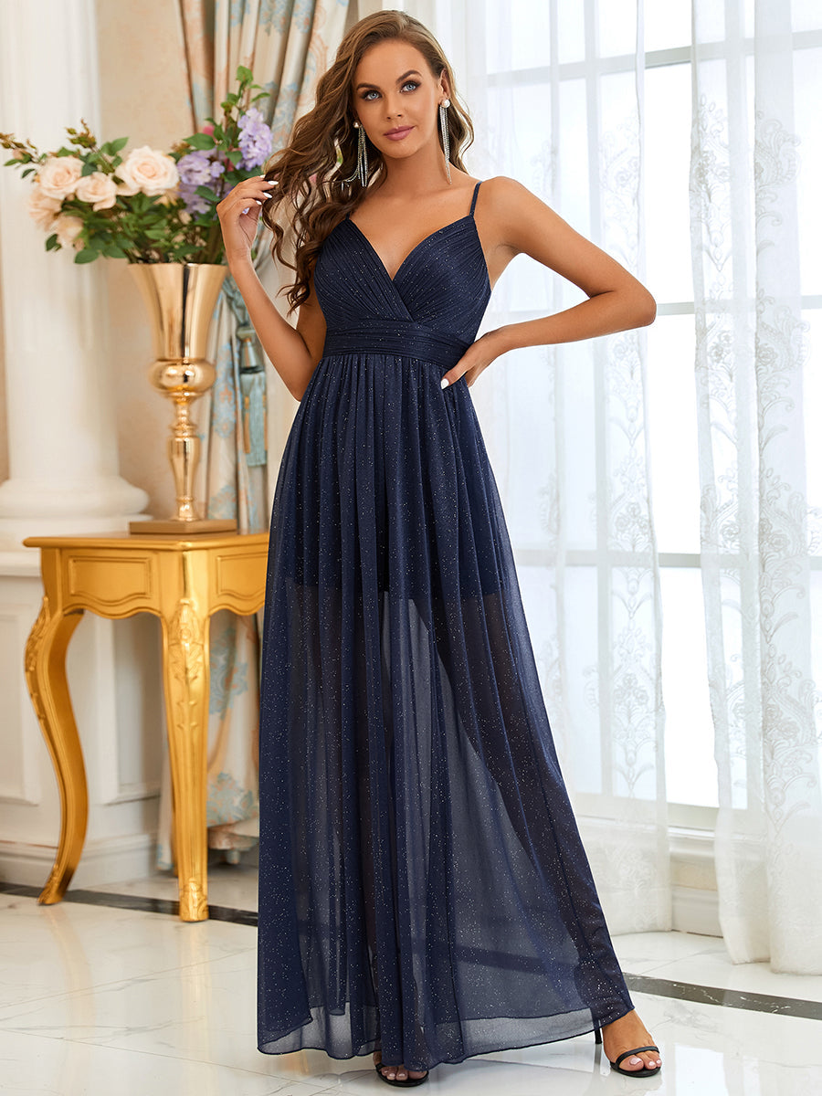 Color=Navy Blue | Stunning Deep V Neck Split Design Wholesale Evening Dresses-Navy Blue 5