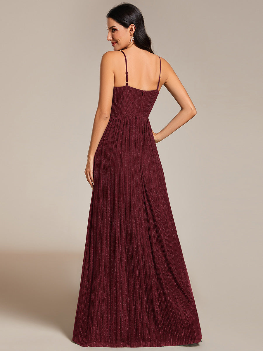 Color=Burgundy | Shimmer V Neck Floor Length Bridesmaid Dress With Spaghetti Straps-Burgundy 2