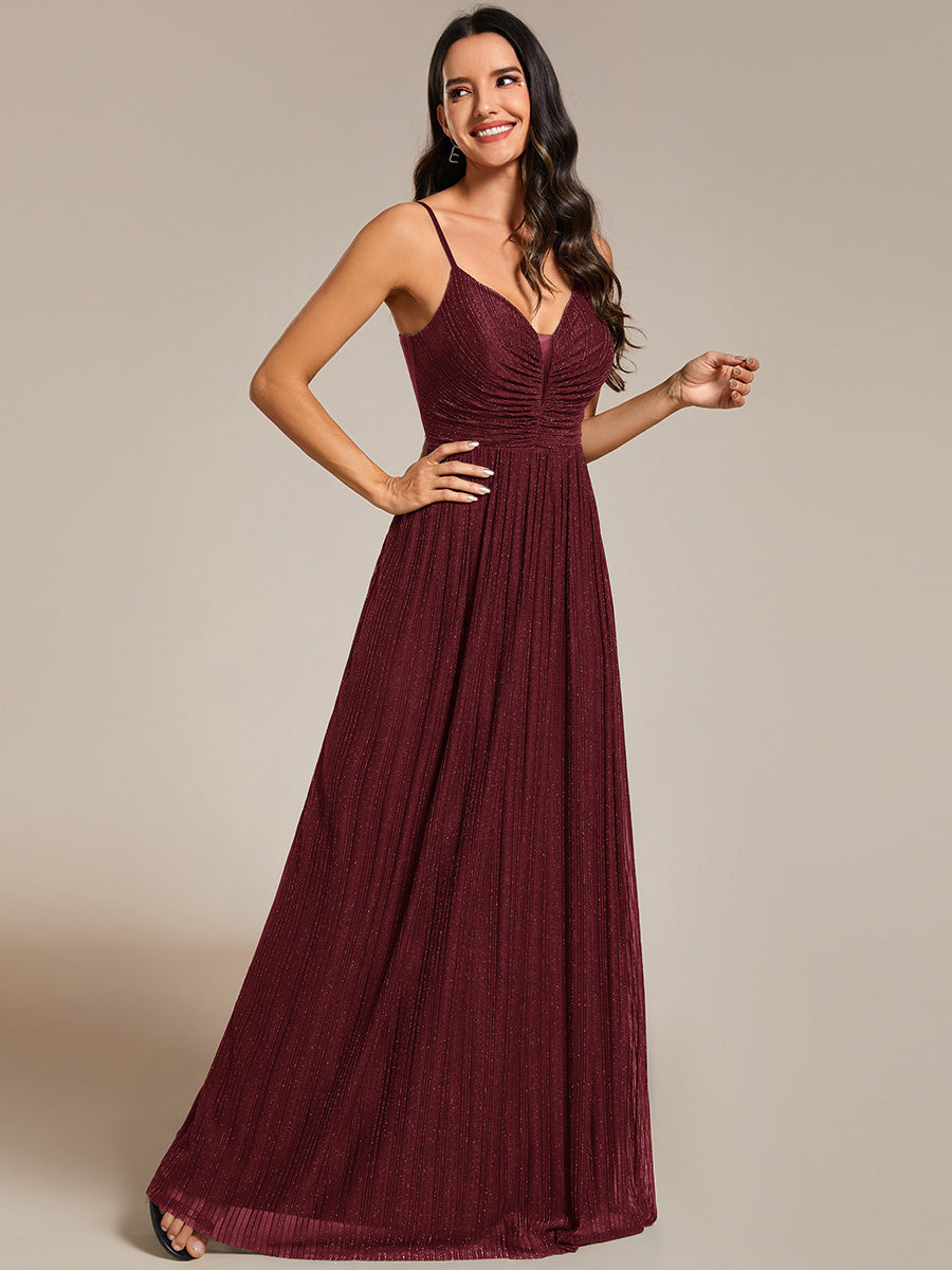 Color=Burgundy | Shimmer V Neck Floor Length Bridesmaid Dress With Spaghetti Straps-Burgundy 3