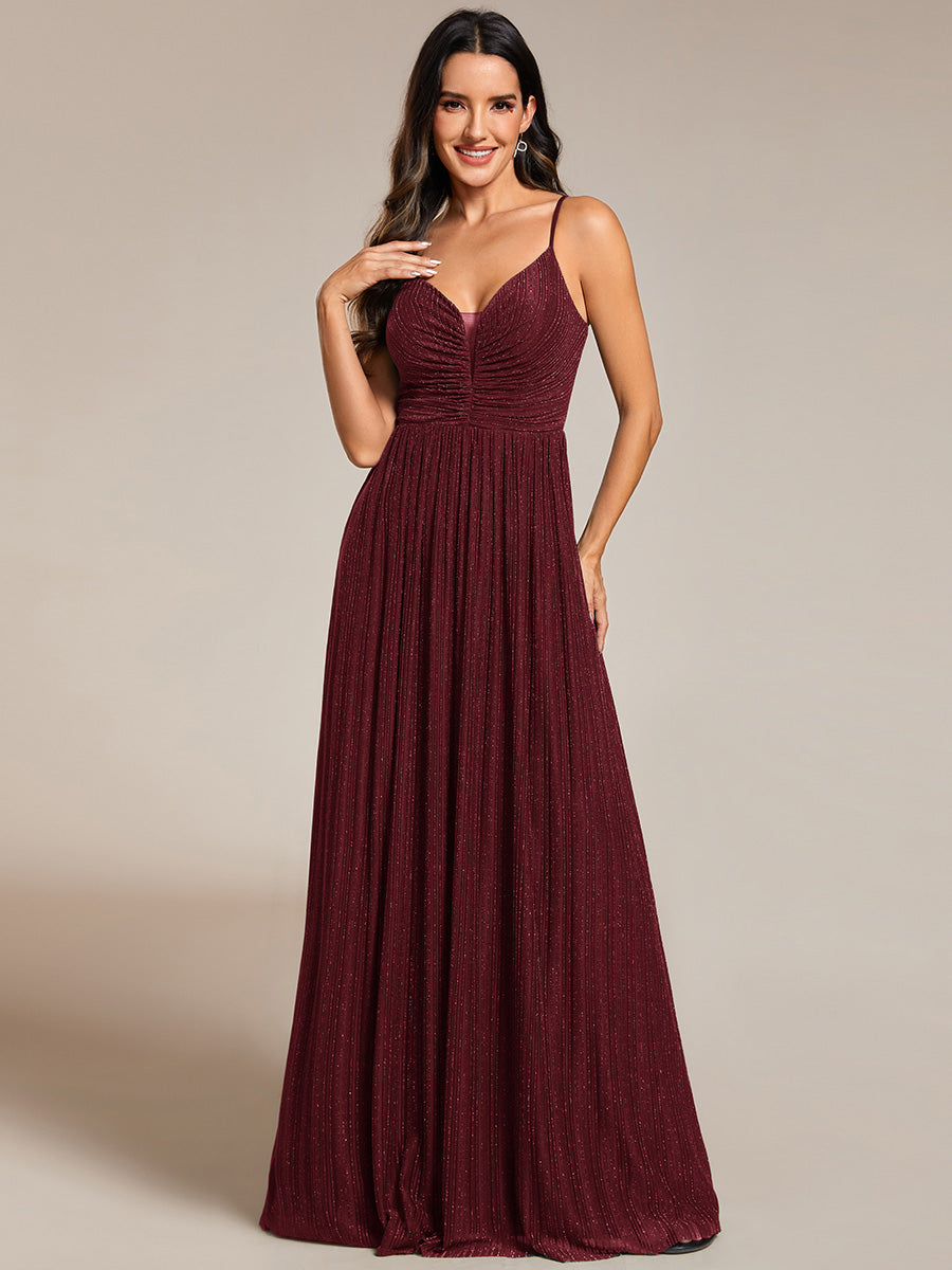 Color=Burgundy | Shimmer V Neck Floor Length Bridesmaid Dress With Spaghetti Straps-Burgundy 4