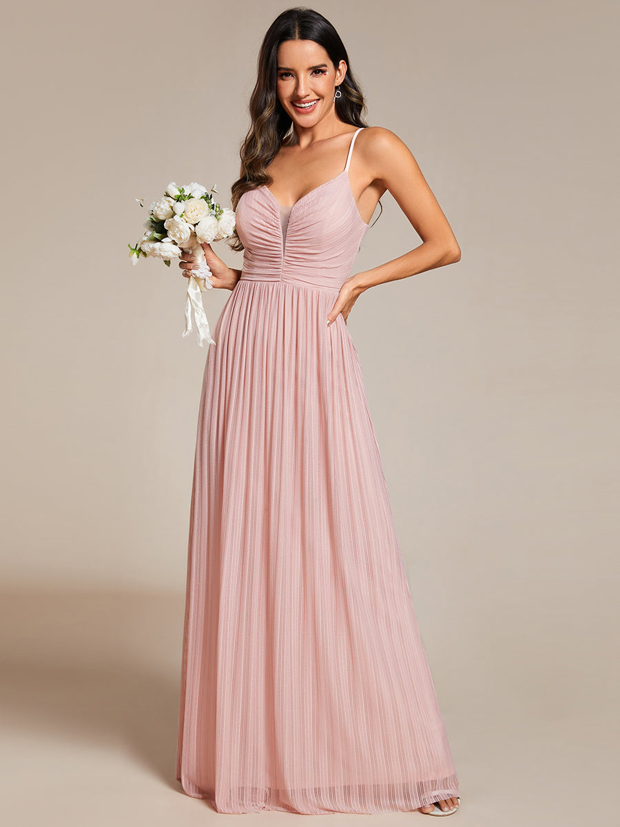 Color=Pink | Shimmer V Neck Floor Length Bridesmaid Dress With Spaghetti Straps-Pink 15