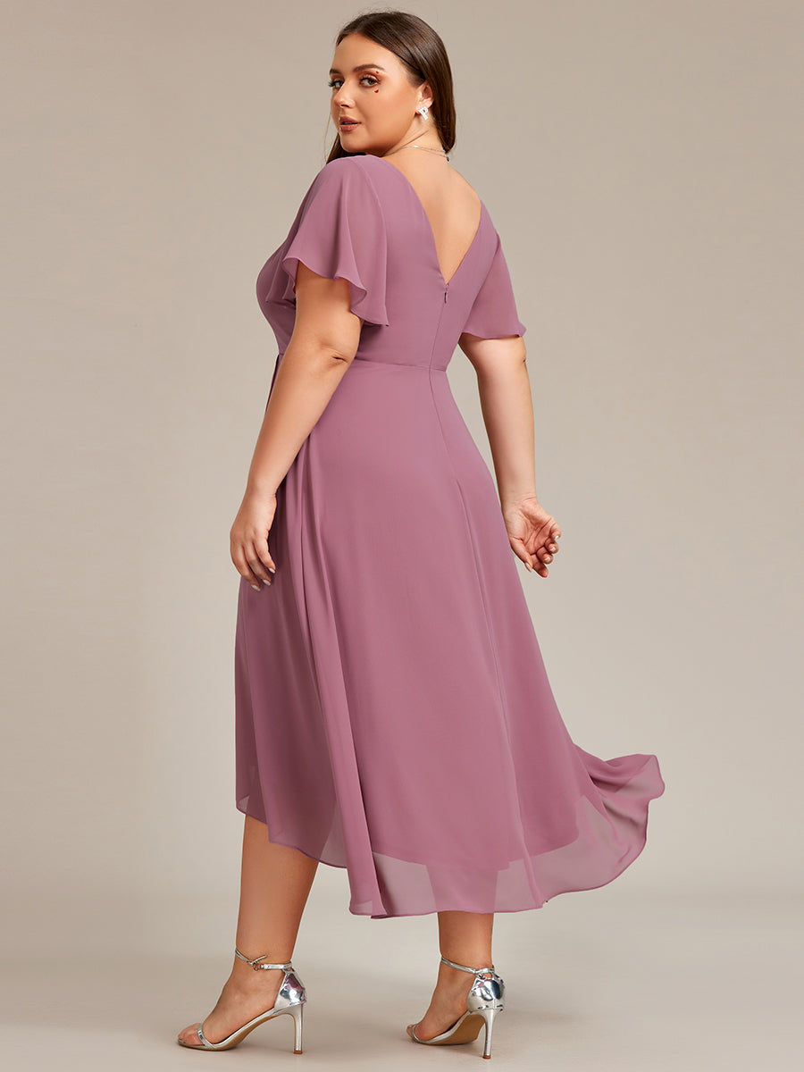 Color=Orchid | V-Neck High Low CHiffon Ruffles Wholesale Evening Dresses-Orchid 2