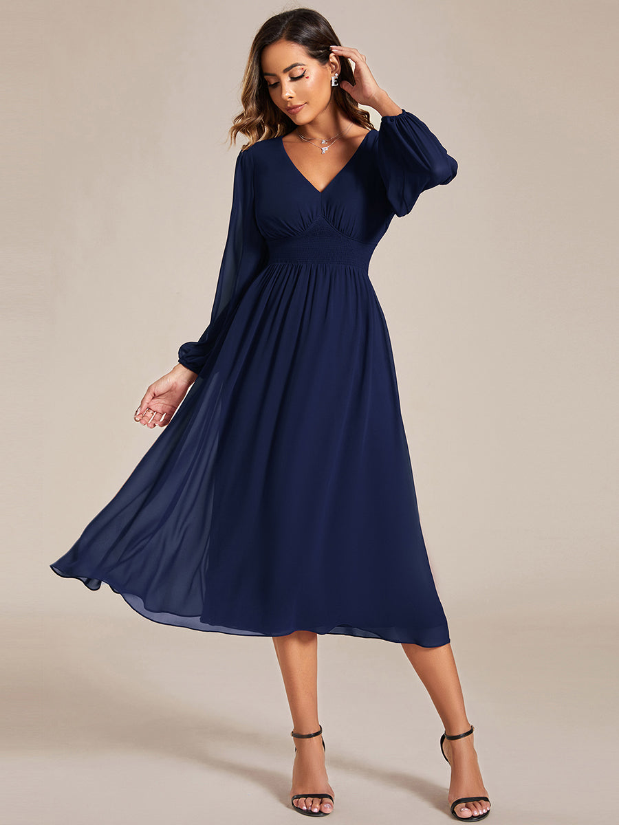 Color=Navy Blue | Knee Length Chiffon Wholesale Wedding Guest Dresses With Long Sleeves-Navy Blue