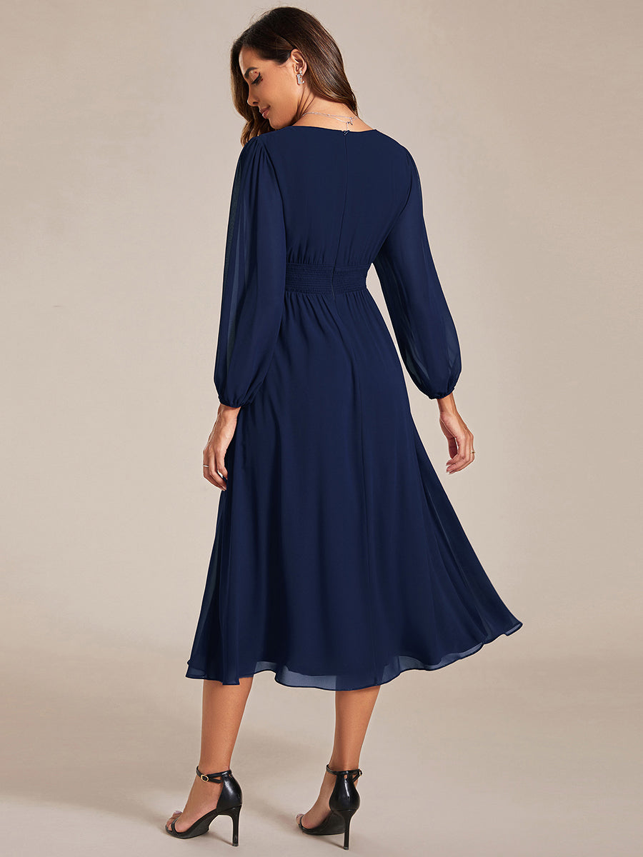 Color=Navy Blue | Knee Length Chiffon Wholesale Wedding Guest Dresses With Long Sleeves-Navy Blue