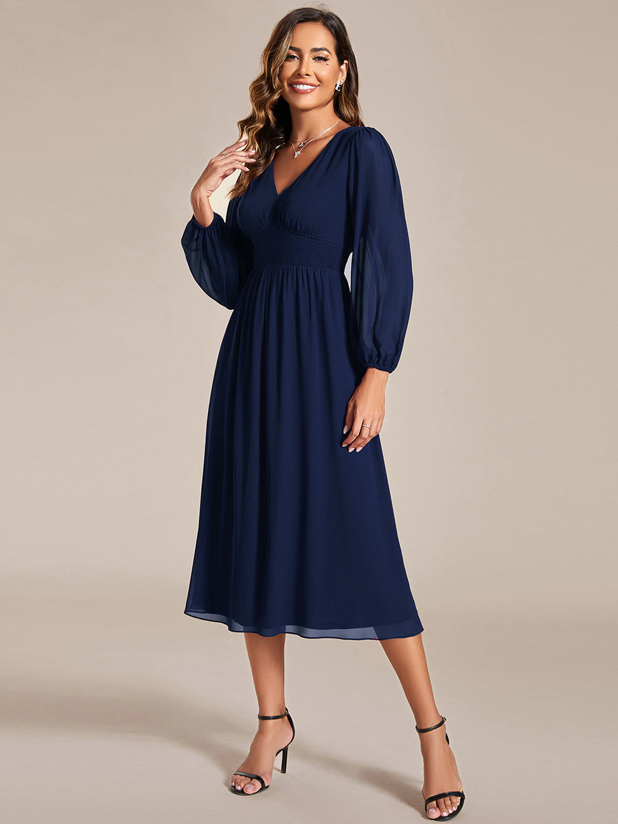 Color=Navy Blue | Knee Length Chiffon Wholesale Wedding Guest Dresses With Long Sleeves-Navy Blue
