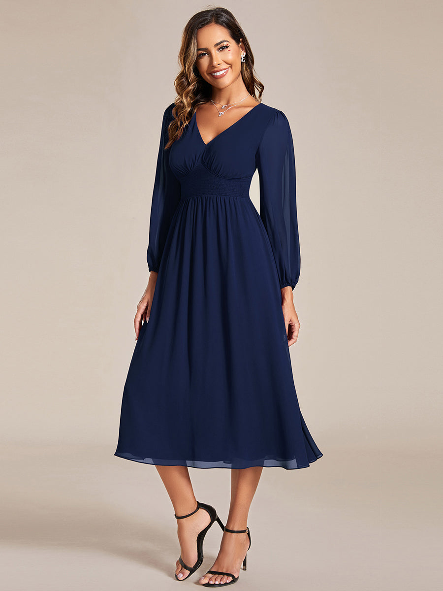 Color=Navy Blue | Knee Length Chiffon Wholesale Wedding Guest Dresses With Long Sleeves-Navy Blue
