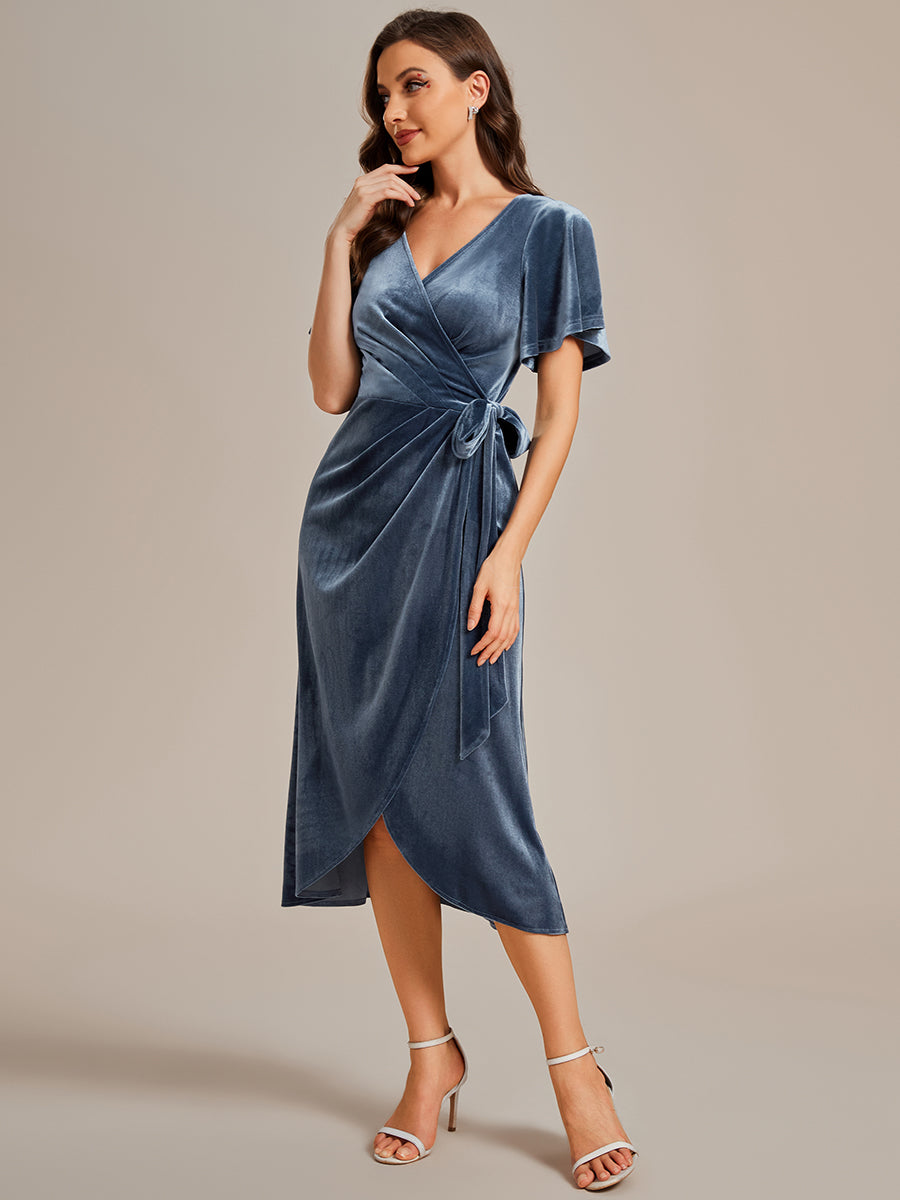 Asymmetrical Korean Velvet Streamer One-piece Type Three-quarter Evening Dress With Pagoda Sleeve#Color_Dusty Blue