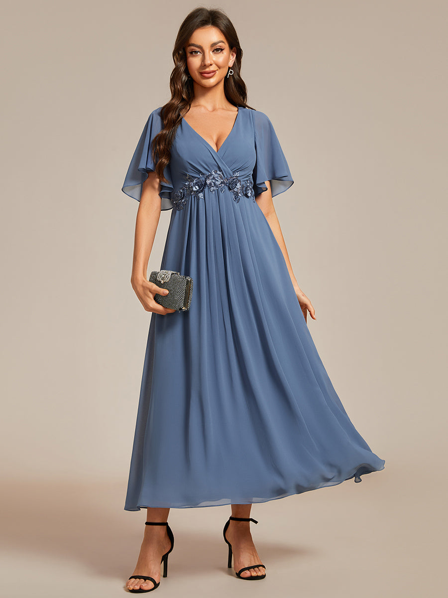 Color=Dusty Blue | Applique V Neck Tea Length Wedding Guest Dress With Short Sleeves-Dusty Blue