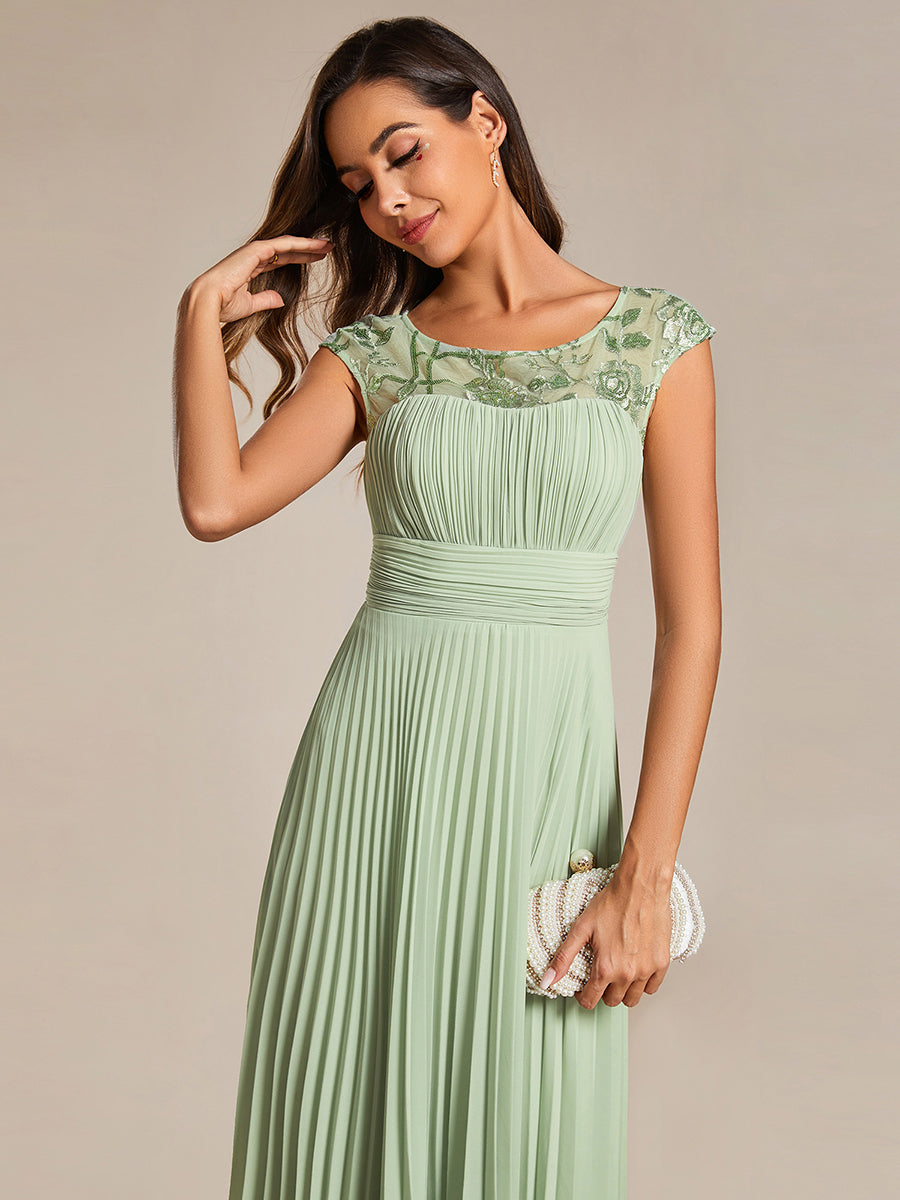 Color=Mint Green | Embroidery Round Neck Tea Length Wedding Guest Dress With Raglan Sleeves-Mint Green
