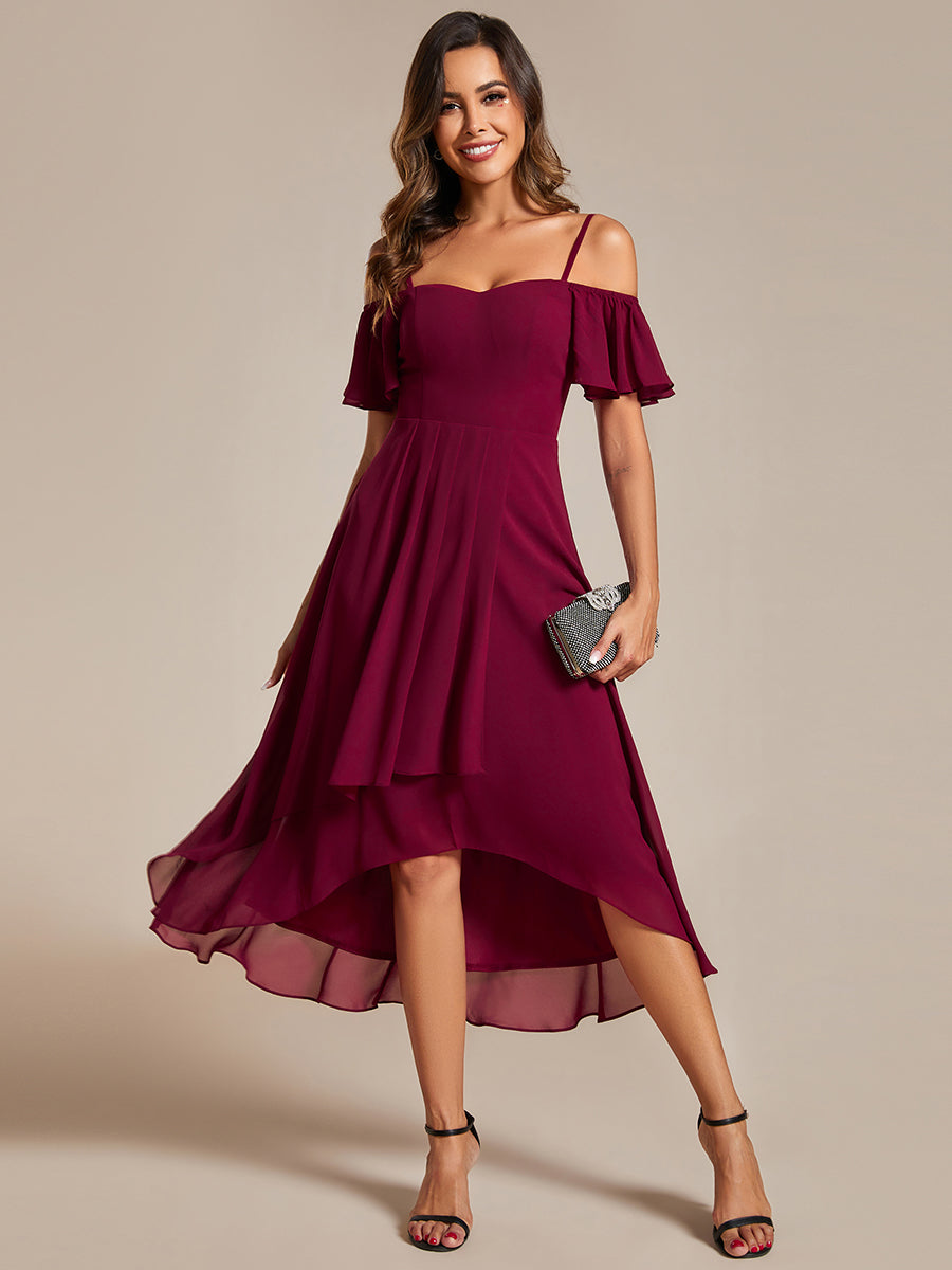 Color=Burgundy | Chiffon Spaghetti Strap Cold Shoulder Tea Length Wedding Guest Dress-Burgundy 1