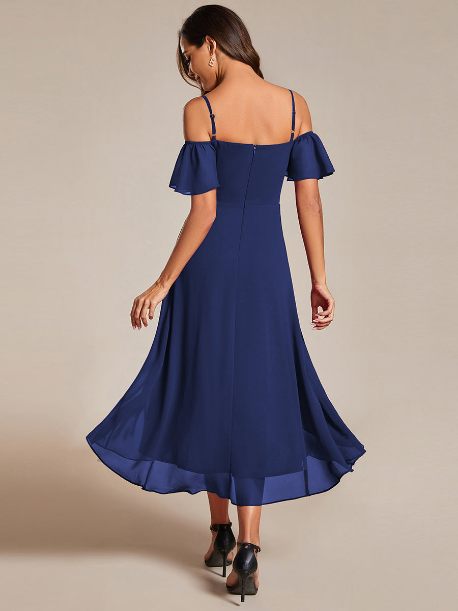 Color=Navy Blue | Chiffon Spaghetti Strap Cold Shoulder Tea Length Wedding Guest Dress-Navy Blue