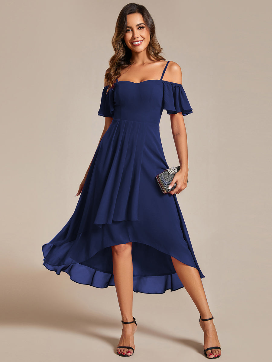 Color=Navy Blue | Chiffon Spaghetti Strap Cold Shoulder Tea Length Wedding Guest Dress-Navy Blue