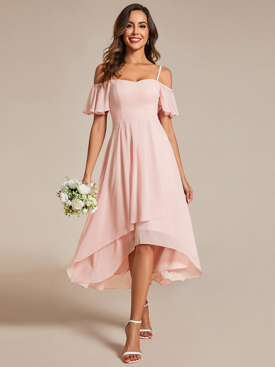 Color=Pink | Chiffon Spaghetti Strap Cold Shoulder Tea Length Wedding Guest Dress-Pink
