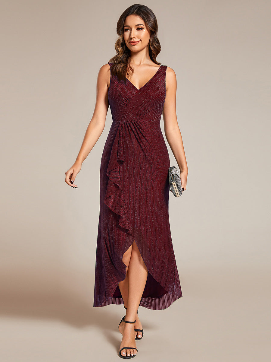 Color=Burgundy | Shimmer V Neck Midi Length Wedding Guest Dress With Spaghetti Straps-Burgundy 4