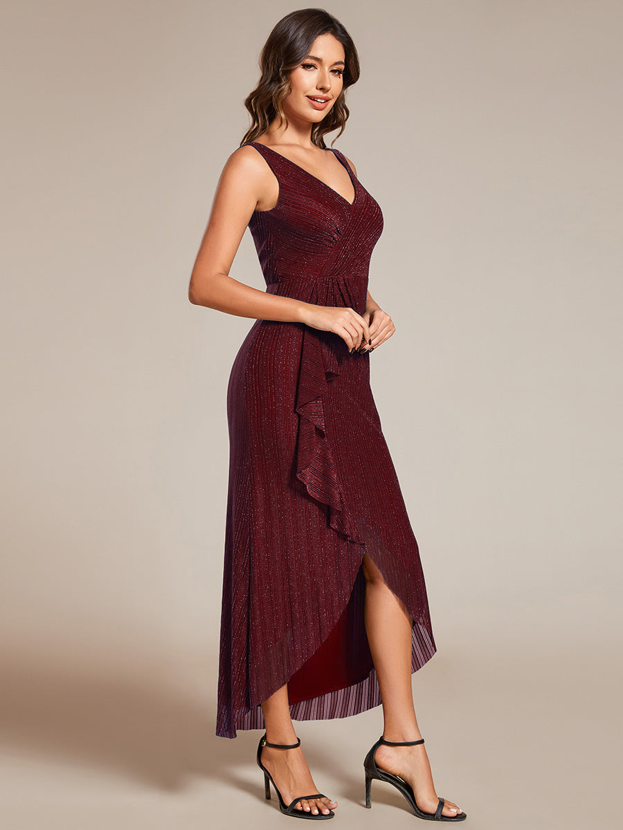 Color=Burgundy | Shimmer V Neck Midi Length Wedding Guest Dress With Spaghetti Straps-Burgundy 2