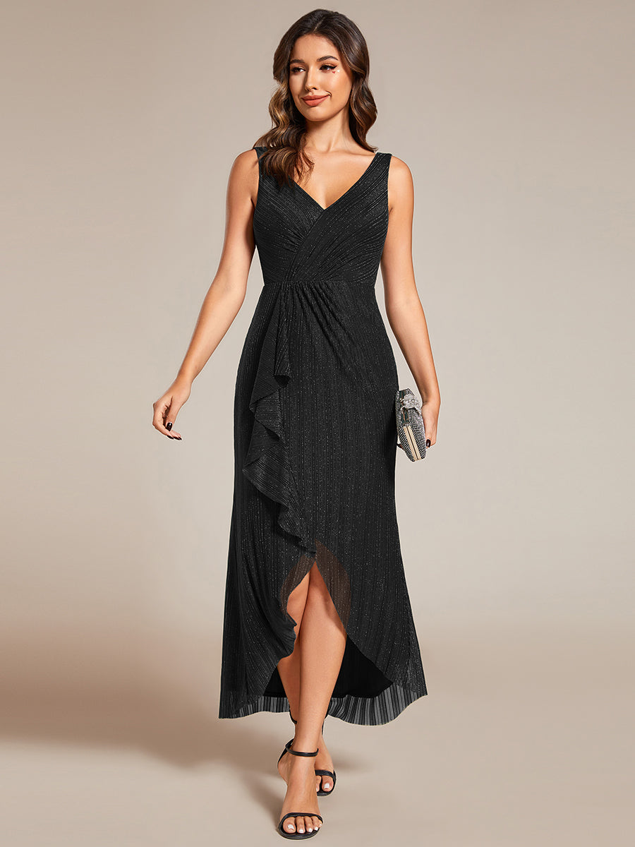Color=Black | Shimmer V Neck Midi Length Wedding Guest Dress With Spaghetti Straps-Black 11