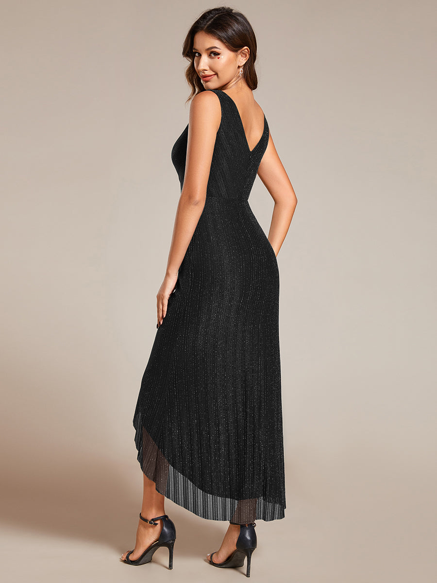 Color=Black | Shimmer V Neck Midi Length Wedding Guest Dress With Spaghetti Straps-Black 10