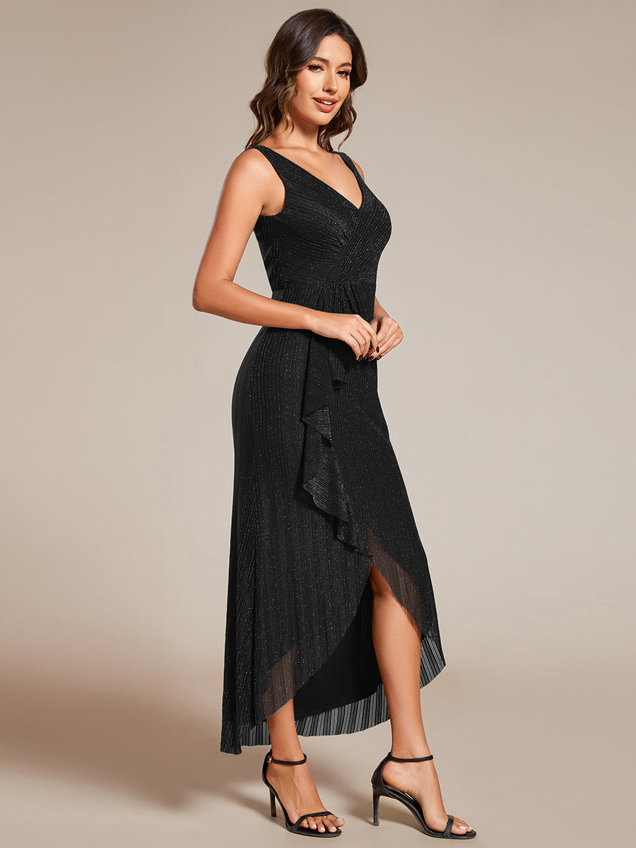 Color=Black | Shimmer V Neck Midi Length Wedding Guest Dress With Spaghetti Straps-Black 9