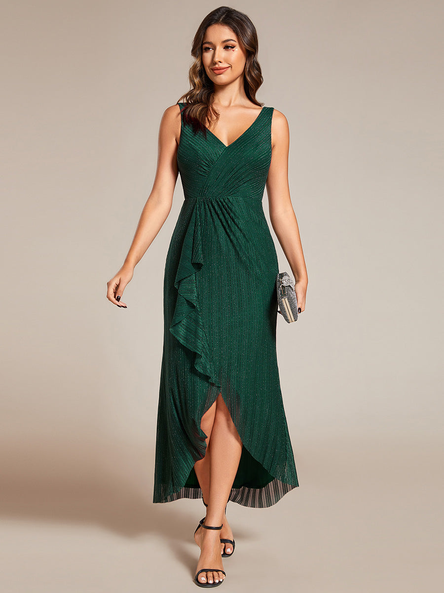Color=Dark Green | Shimmer V Neck Midi Length Wedding Guest Dress With Spaghetti Straps-Dark Green 15