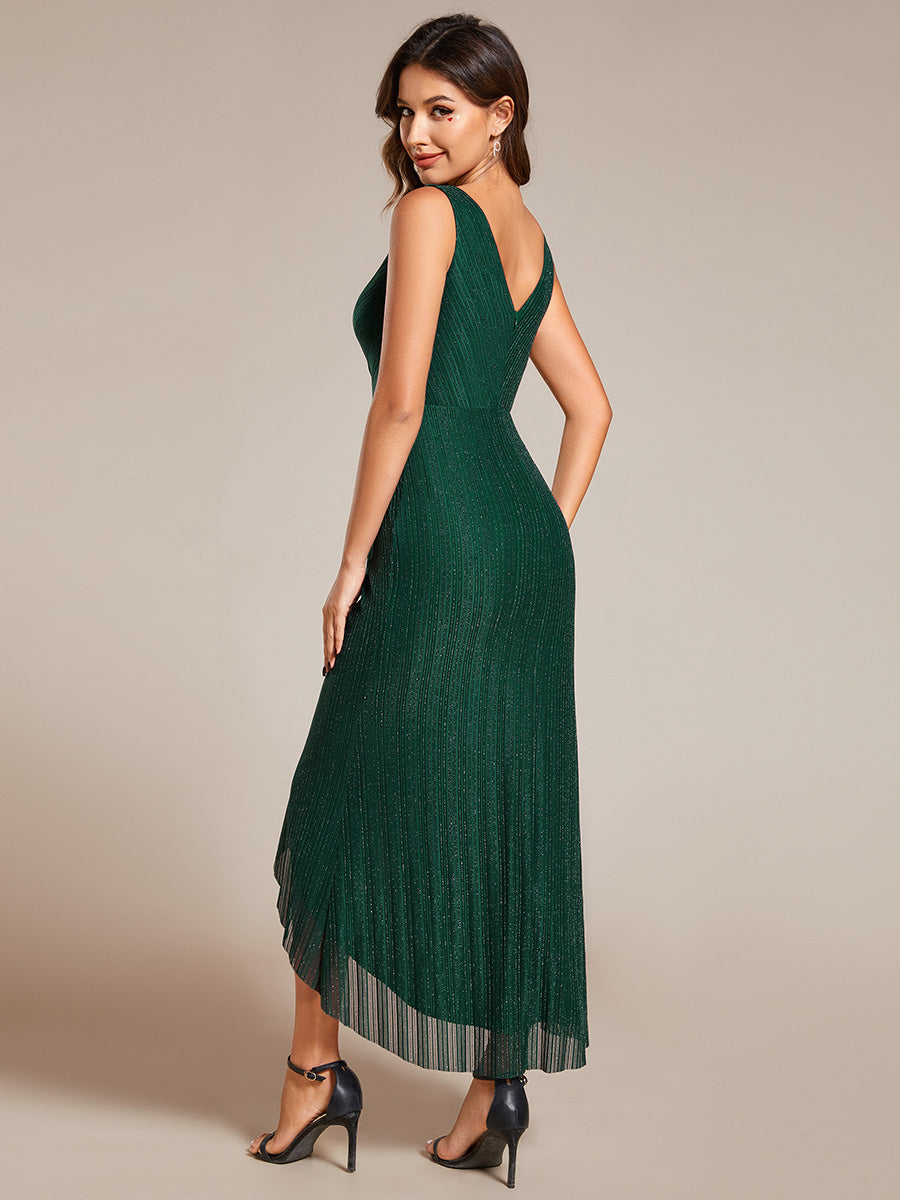 Color=Dark Green | Shimmer V Neck Midi Length Wedding Guest Dress With Spaghetti Straps-Dark Green