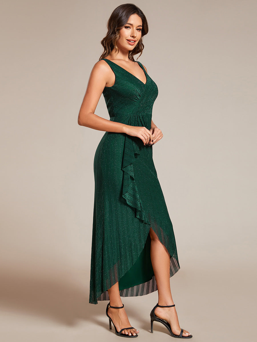 Color=Dark Green | Shimmer V Neck Midi Length Wedding Guest Dress With Spaghetti Straps-Dark Green