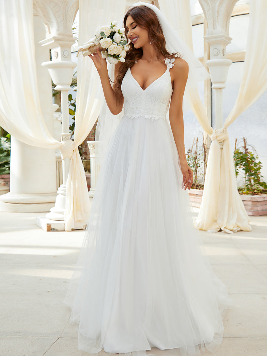 Color=Cream | Double V Neck Lace Bodice Maxi Wholesale A-Line Wedding Dress-Cream 4
