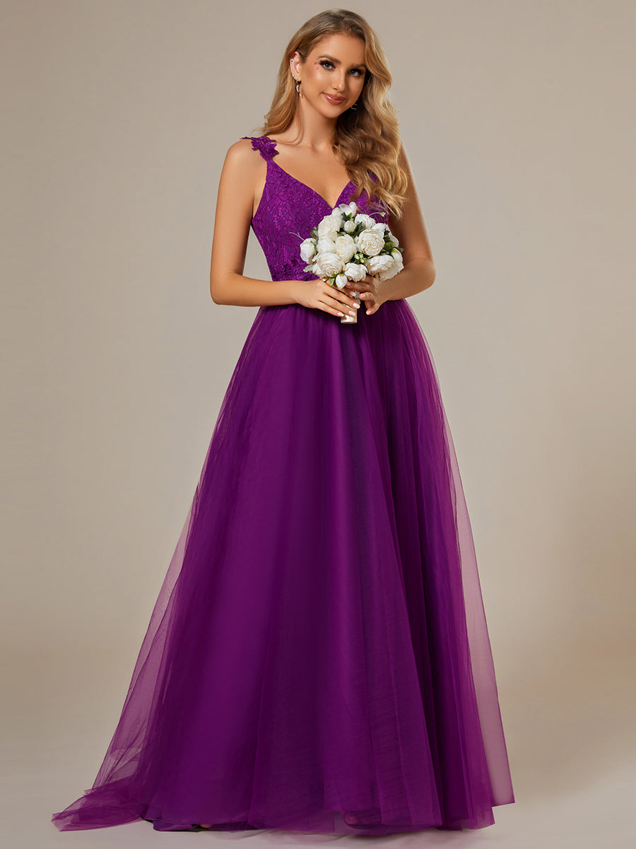 Color=Purple Wisteria | Double V Neck Lace Bodice Maxi Wholesale A-Line Wedding Dress-Purple Wisteria 1