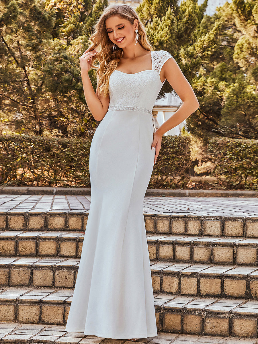 Color=Cream | Wholesale Cap Sleeve Sweetheart Mermaid Style Wedding Dress-Cream 7
