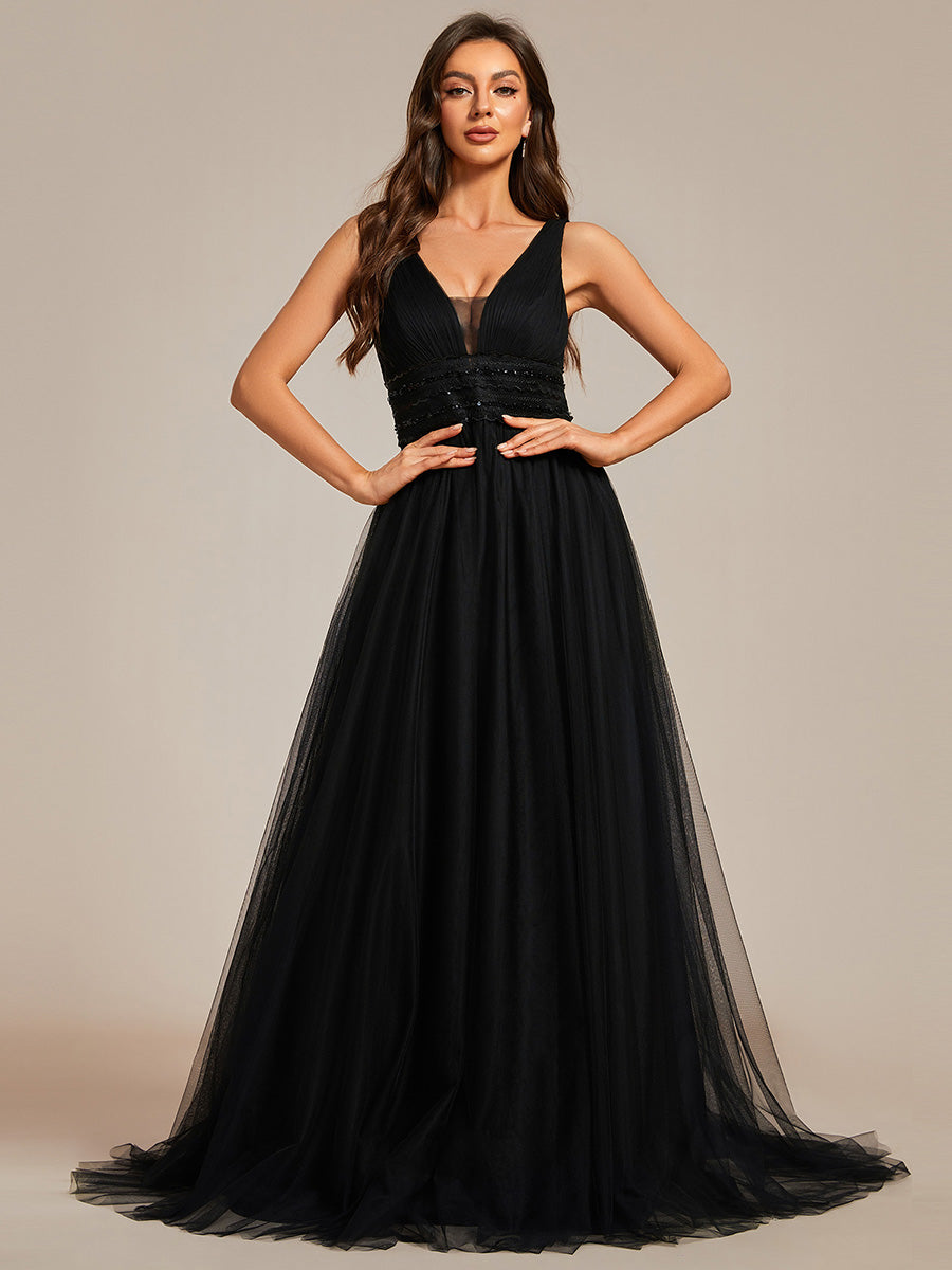 Color=Black | Backless A Line Sleeveless Wholesale Wedding Dresses with Deep V Neck-Black 3