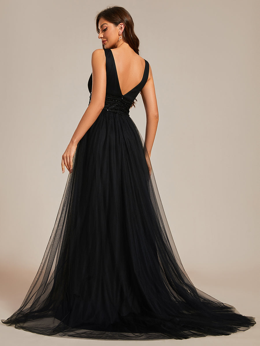 Color=Black | Backless A Line Sleeveless Wholesale Wedding Dresses with Deep V Neck-Black 2