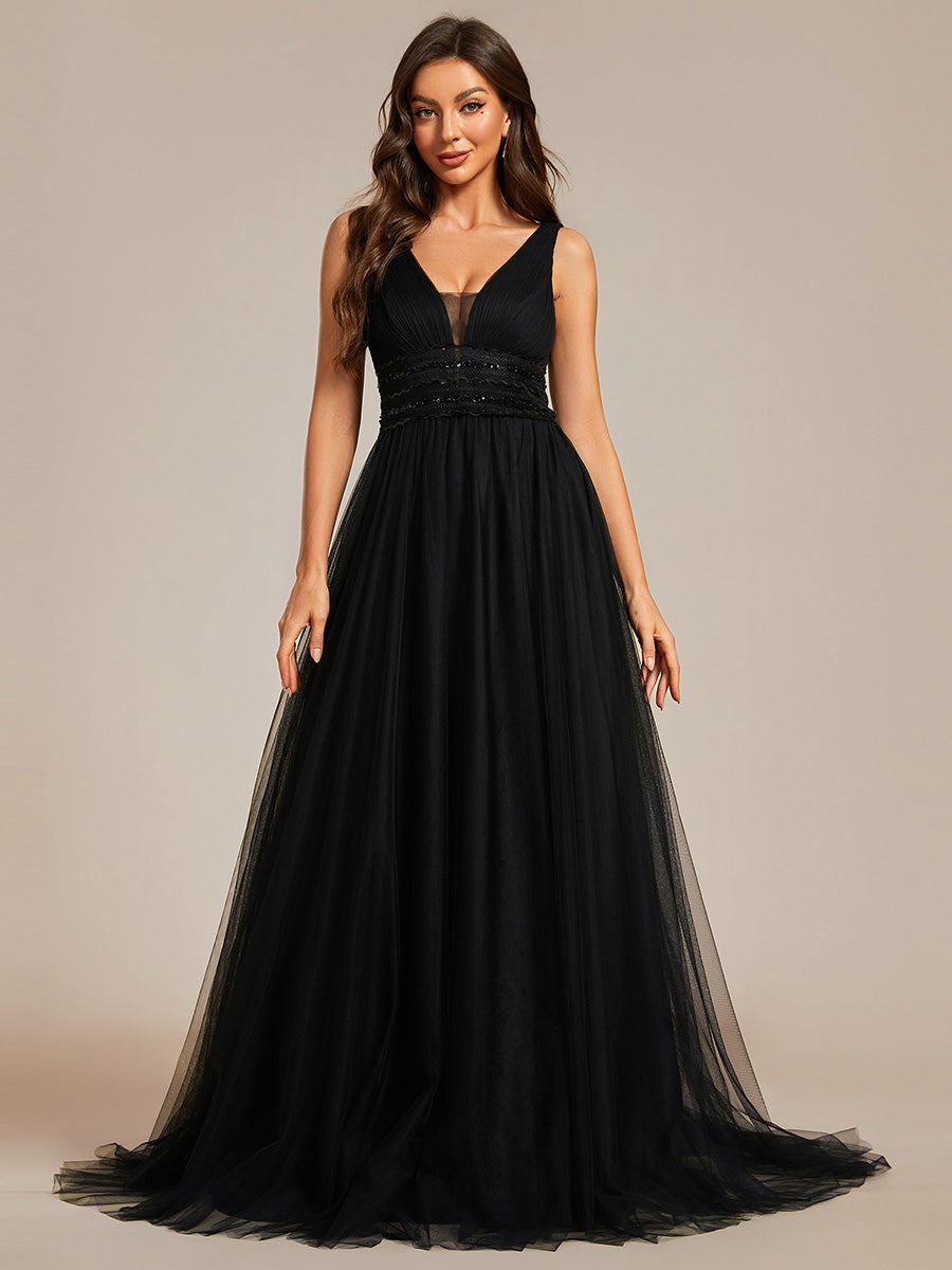 Color=Black | Backless A Line Sleeveless Wholesale Wedding Dresses with Deep V Neck-Black 5