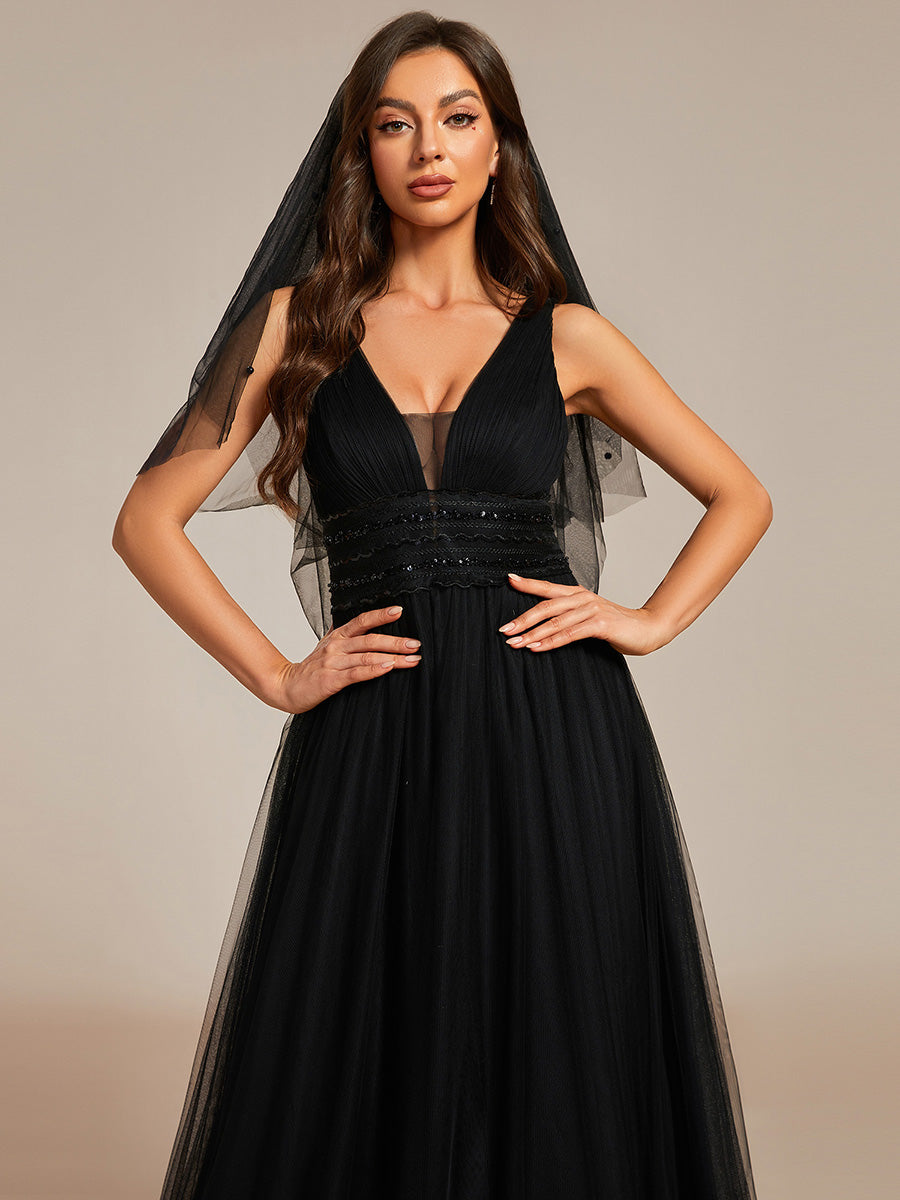 Color=Black | Backless A Line Sleeveless Wholesale Wedding Dresses with Deep V Neck-Black 4