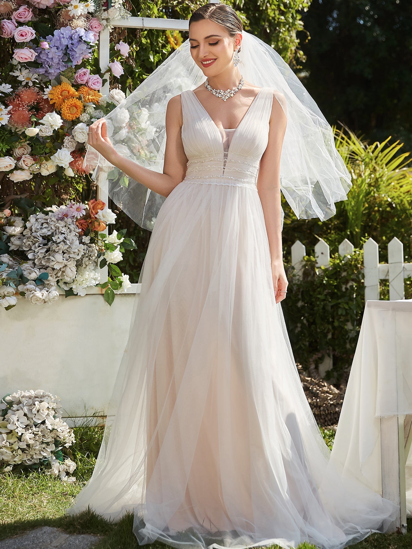 Color=Ivory | Backless A Line Sleeveless Wholesale Wedding Dresses with Deep V Neck-Ivory 3