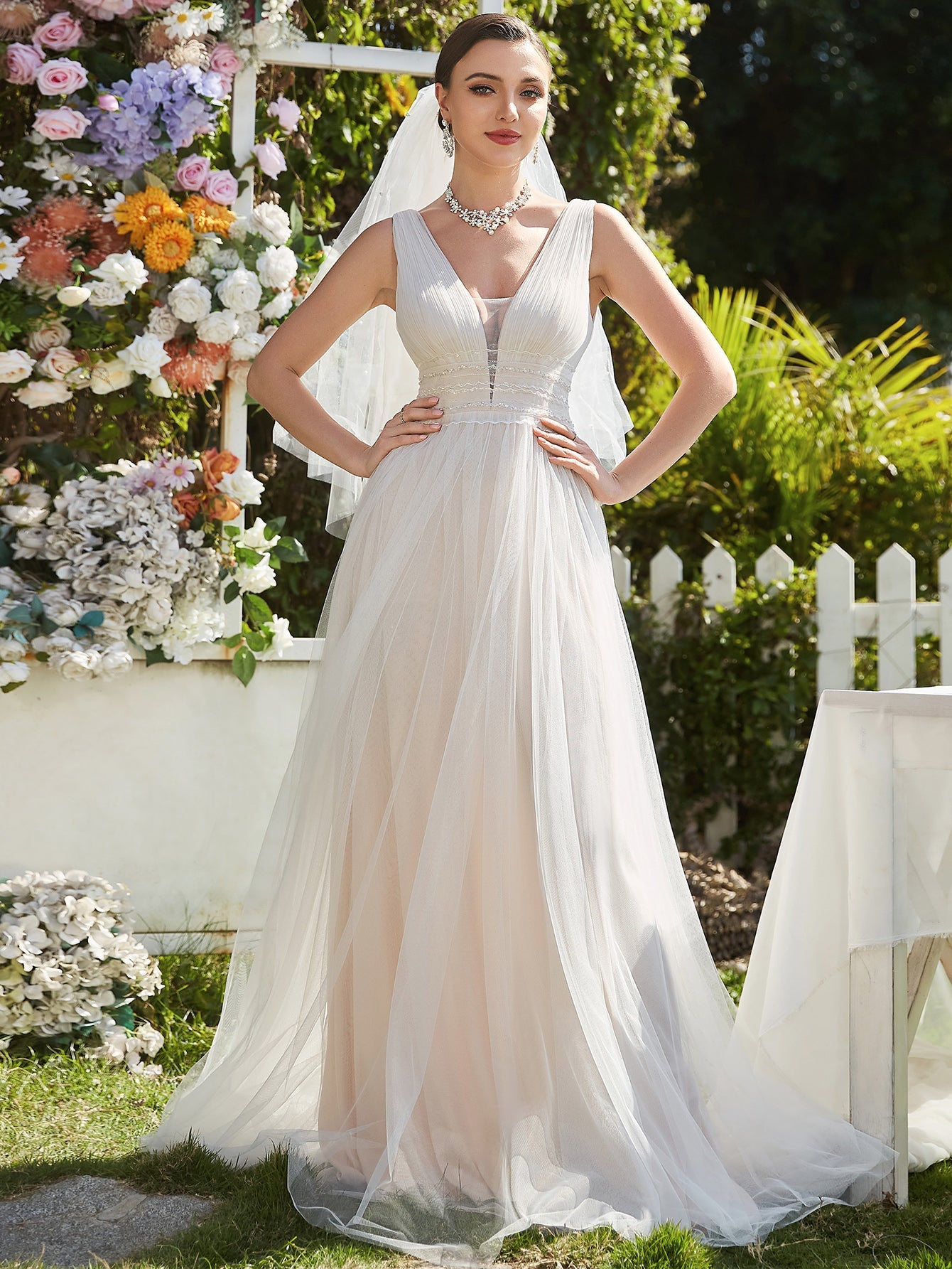 Color=Ivory | Backless A Line Sleeveless Wholesale Wedding Dresses with Deep V Neck-Ivory 4