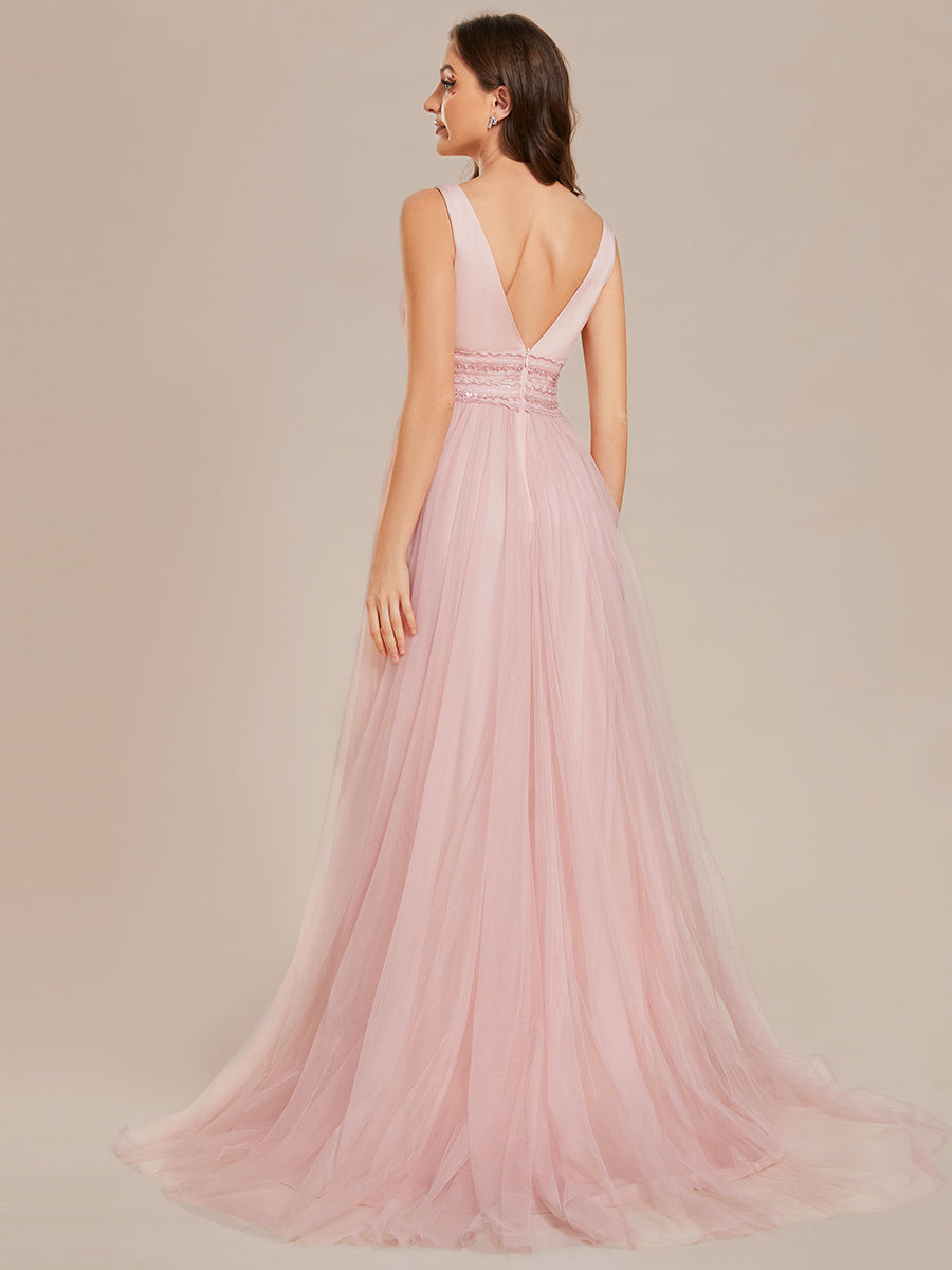 Color=Pink | Backless A Line Sleeveless Wholesale Wedding Dresses with Deep V Neck-Pink 2