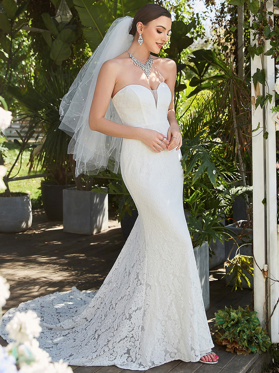 Color=White | Adorable Strapless Floor Length Fishtail Wholesale Wedding Dresses-White 3