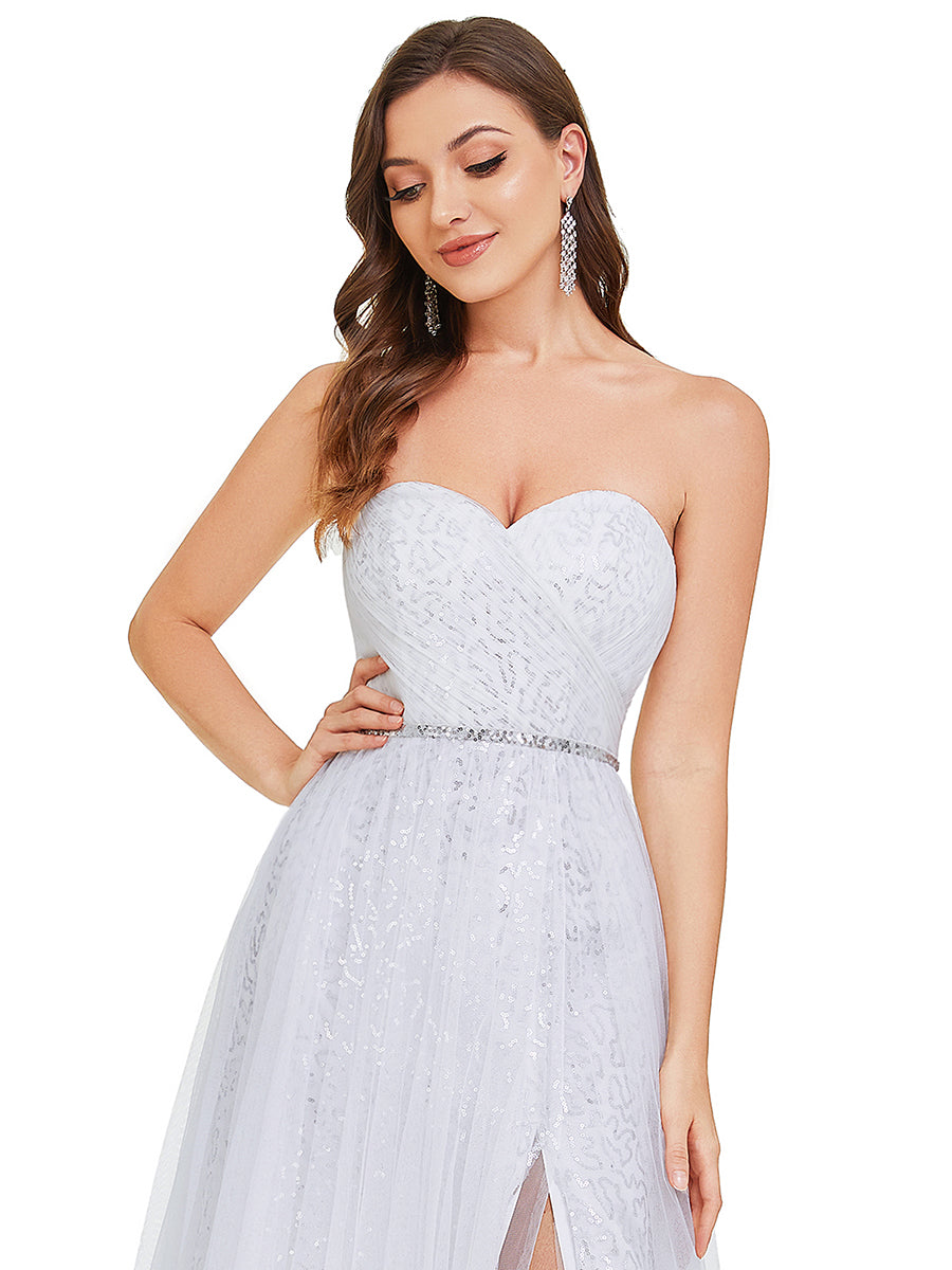 Color=White | Gorgeous A Line Strapless Thigh High Split Wholesale Wedding Dresses-White 5