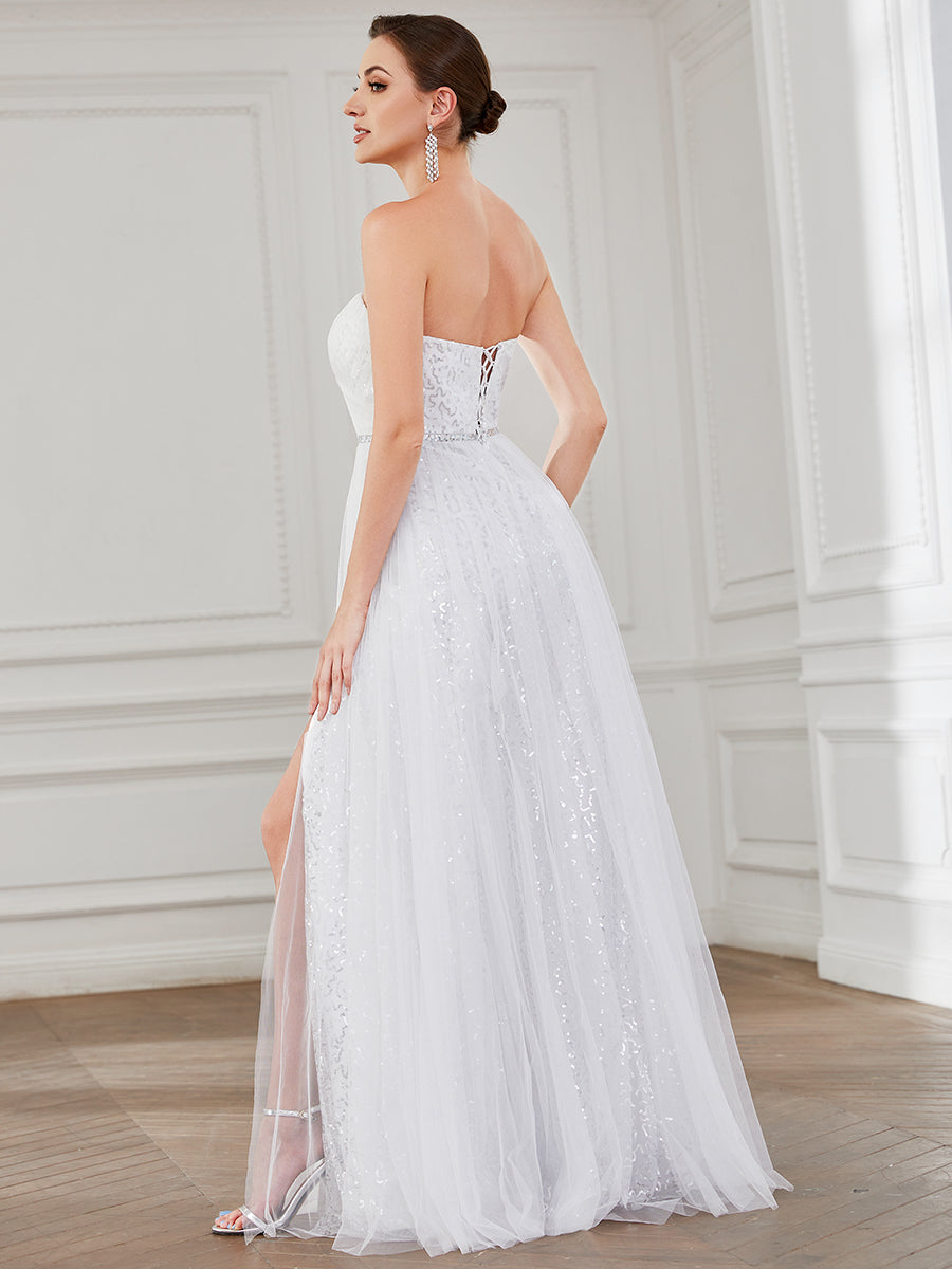 Color=White | Gorgeous A Line Strapless Thigh High Split Wholesale Wedding Dresses-White 2