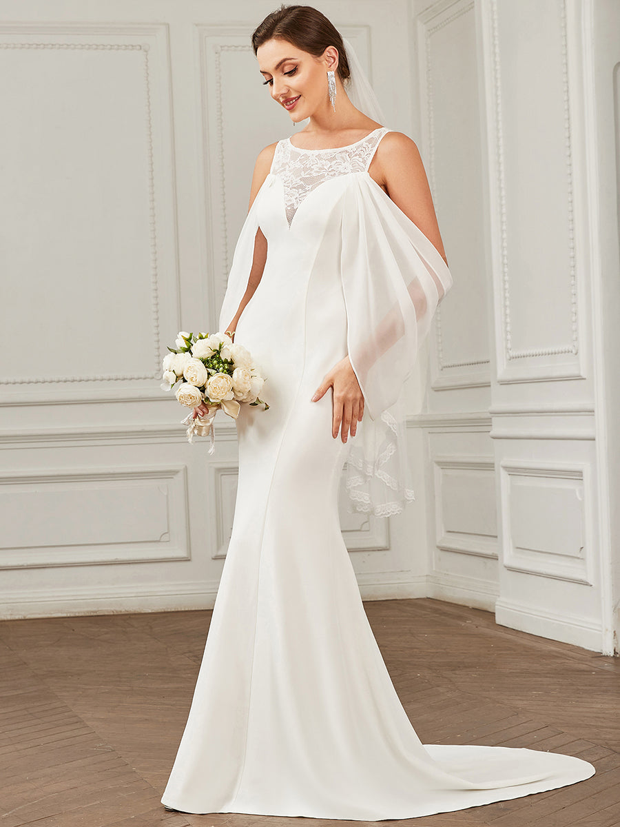 Color=White | Floor Length Round Neck Fishtail Cape Wholesale Wedding Dresses-White 3