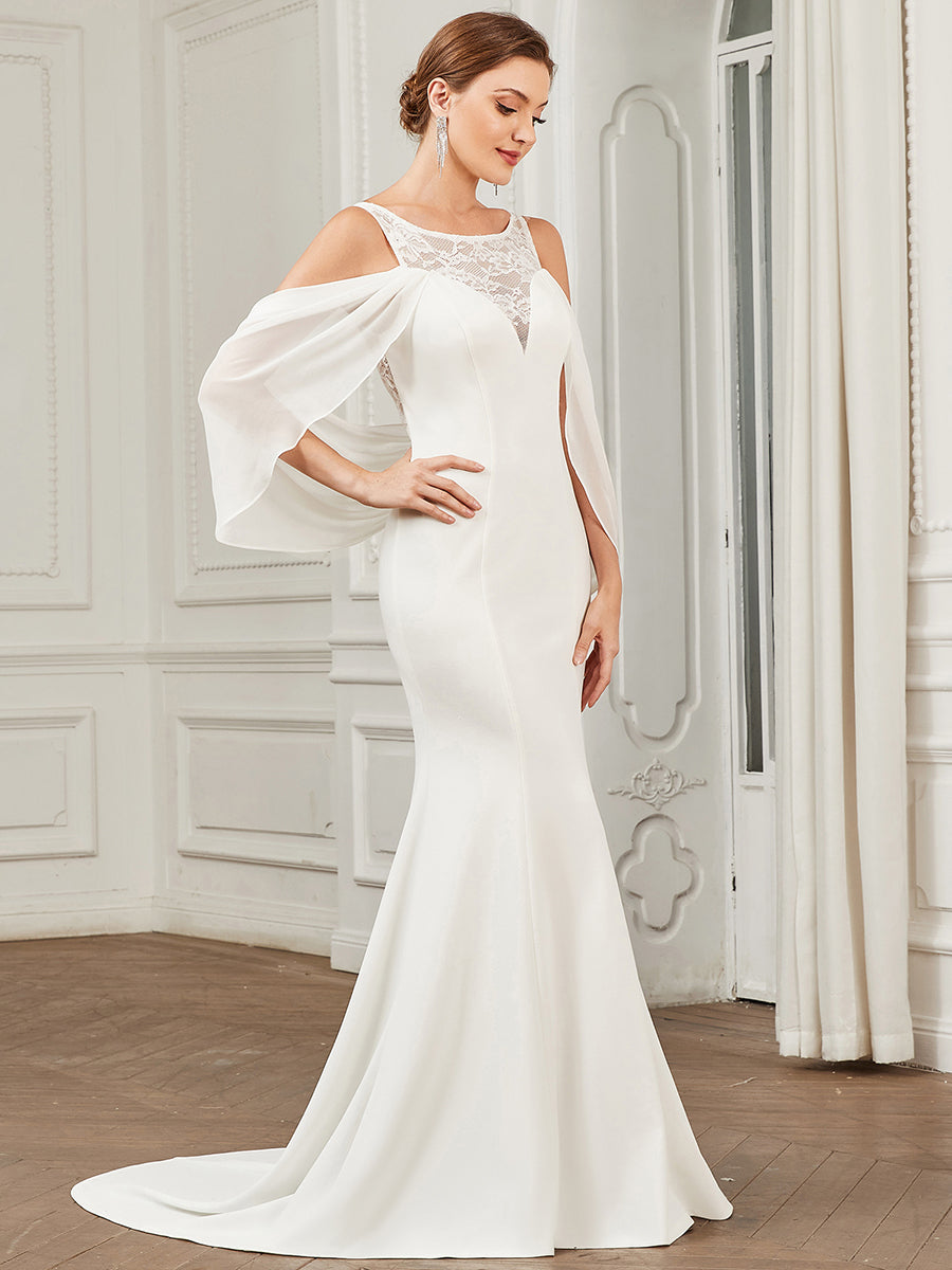Color=White | Floor Length Round Neck Fishtail Cape Wholesale Wedding Dresses-White 4