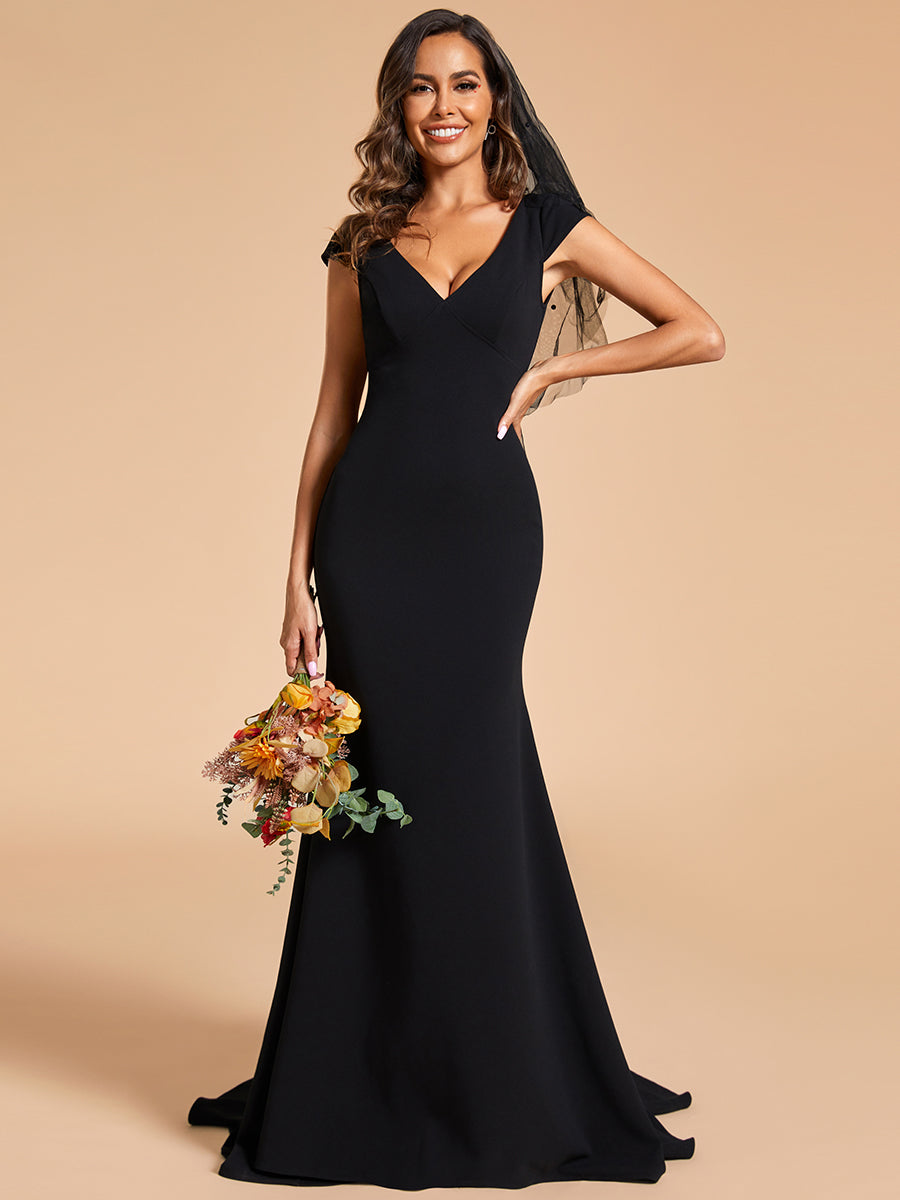 Color=Black | Cover Sleeves Backless Fishtail Deep V Neck Wholesale Wedding Dresses-Black 1