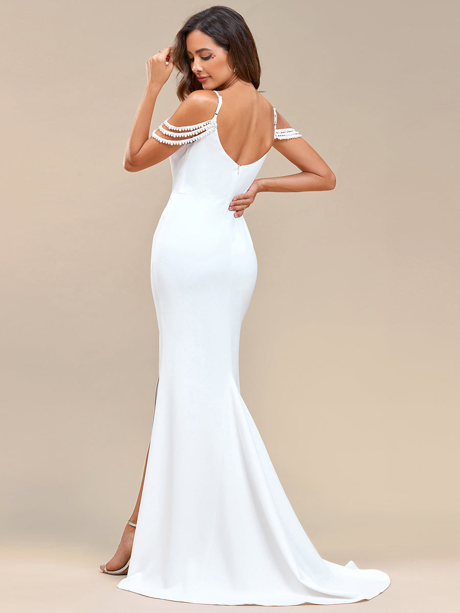Color=White | Fine Halter Side Split Fishtail Wholesale Wedding Dresses-White 2