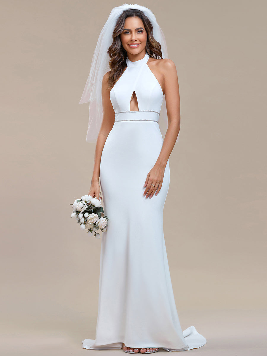 Mermaid Halter Neck Hollow Belted Wholesale Wedding Dresses#Color_White
