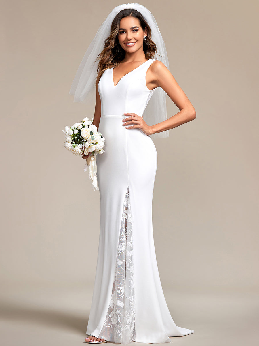 Color=White | Spaghetti Straps V Neck Appliques Fishtail Wholesale Wedding Dress-White 5