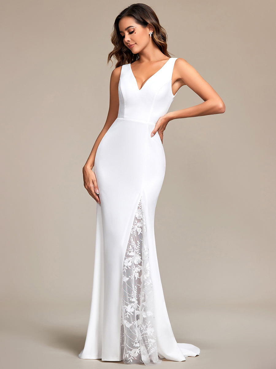Color=White | Spaghetti Straps V Neck Appliques Fishtail Wholesale Wedding Dress-White 4