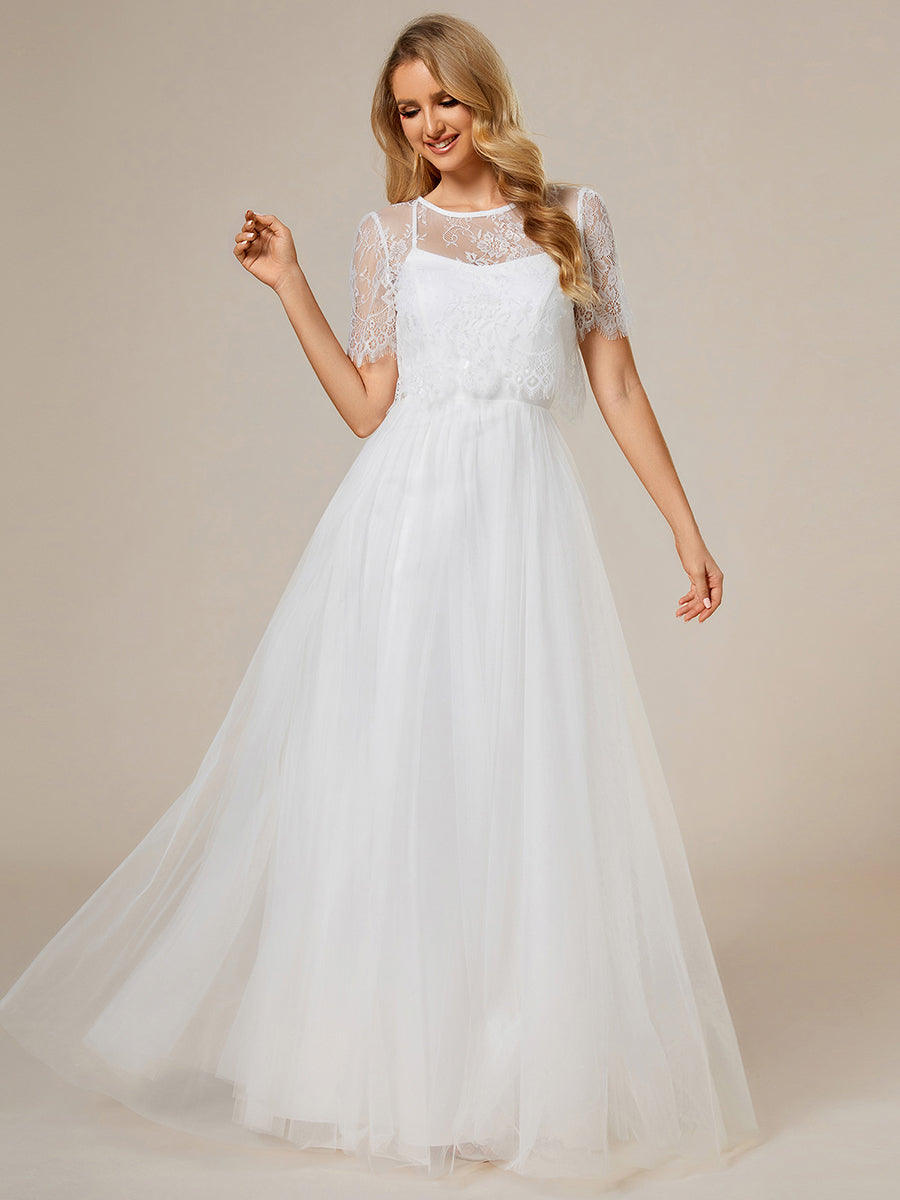 Lace Round Neck Two Piece Suit Wholesale Wedding Dress With Short Slee Lace Round Neck Two Piece Suit Wholesale Wedding Dress With Short Slee