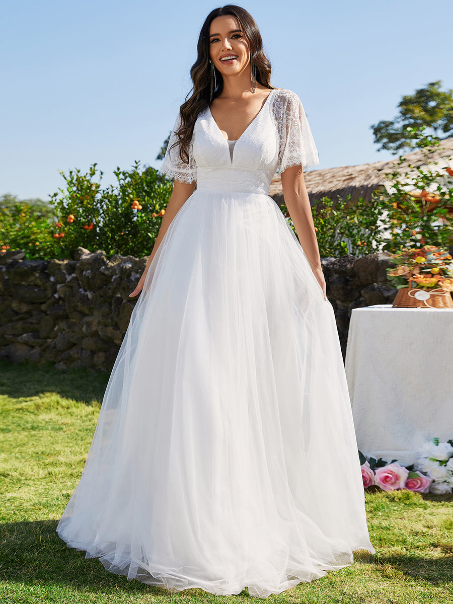 A-line V-Neck Lace Wholesale Wedding Dresses With Embroidery A-line V-Neck Lace Wholesale Wedding Dresses With Embroidery