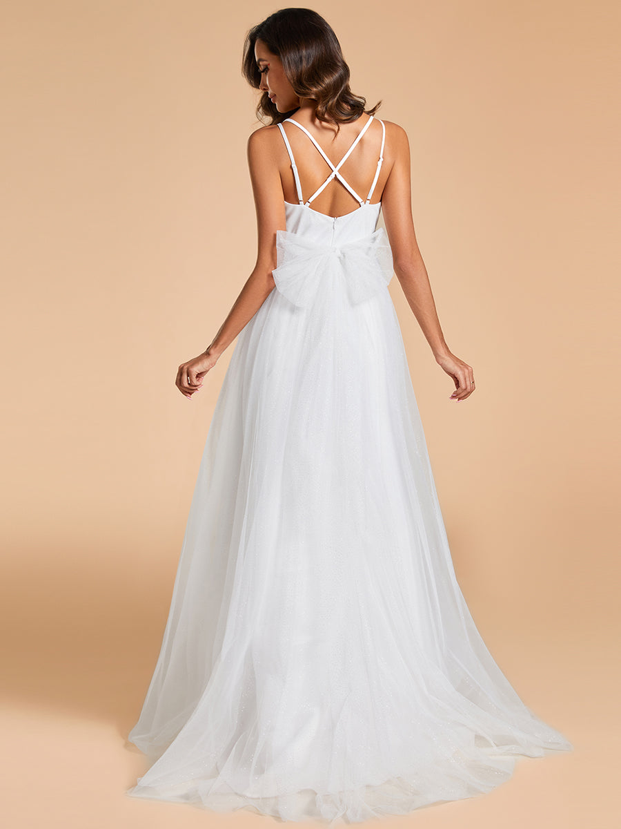 Color=White | Shiny Spaghetti Straps Wholesale Wedding Dresses With Back Bow-White 2