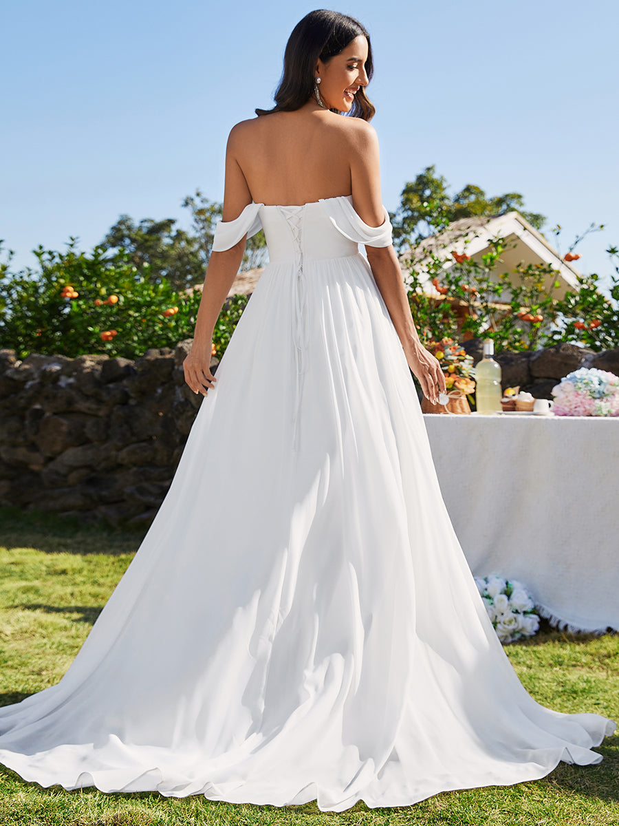 Color=White | Off Shoulder Chiffon Wholesale Wedding Dressees With Half Sleeves-White 3